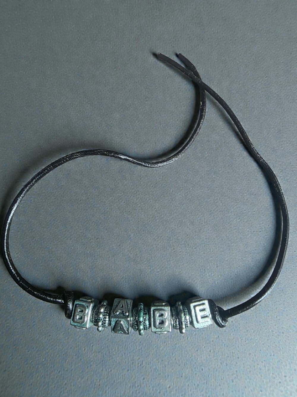 Handmade Silver BABE Letter Cube Black Cord Bracelet